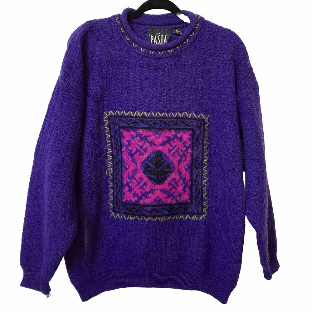 Vintage Pasta Sweater Womens M Purple Knit Granny 80s 90s Roll Neck
